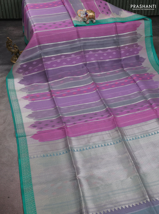 Kora jamdhani silk saree multi colour and teal green with allover jamdhani weaves and zari woven border