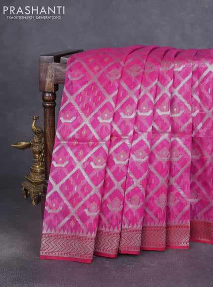 Kora jamdhani silk saree pink and red with allover jamdhani weaves and zari woven border
