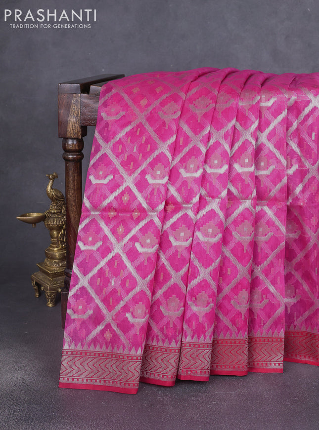 Kora jamdhani silk saree pink and red with allover jamdhani weaves and zari woven border