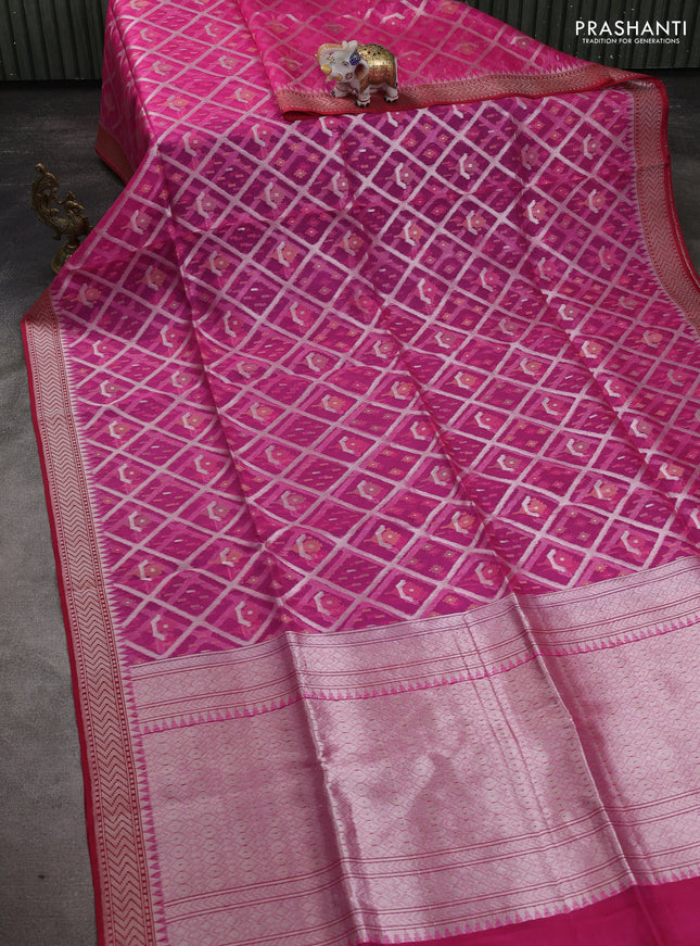 Kora jamdhani silk saree pink and red with allover jamdhani weaves and zari woven border