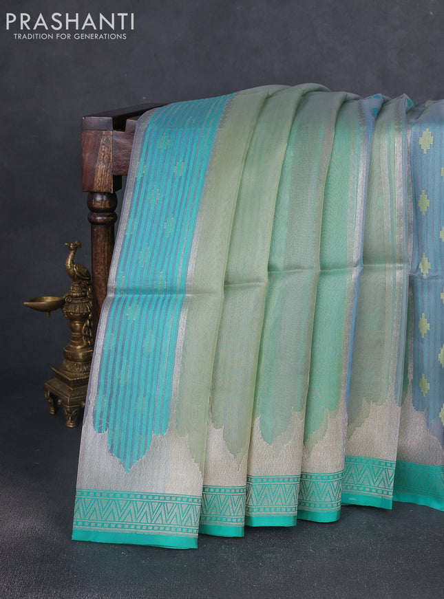 Kora jamdhani silk saree multi colour and teal green with allover jamdhani weaves and zari woven border