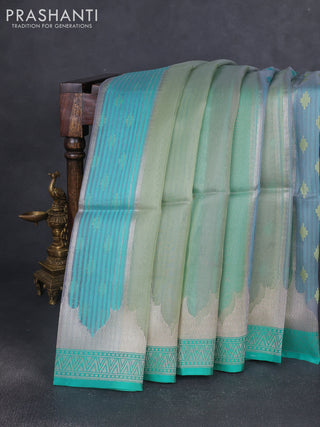 Kora jamdhani silk saree multi colour and teal green with allover jamdhani weaves and zari woven border