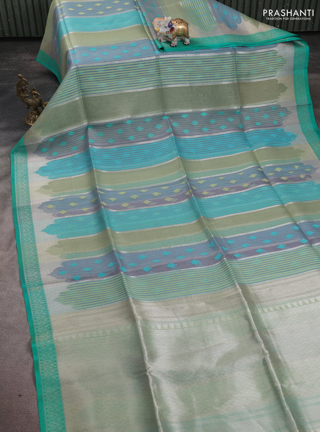 Kora jamdhani silk saree multi colour and teal green with allover jamdhani weaves and zari woven border