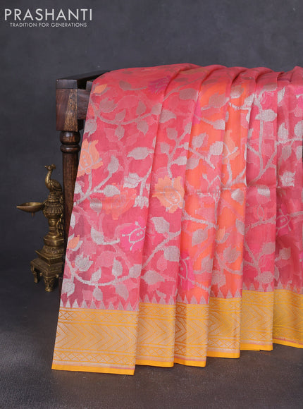 Kora jamdhani silk saree peach pink and yellow with allover jamdhani weaves and zari woven border