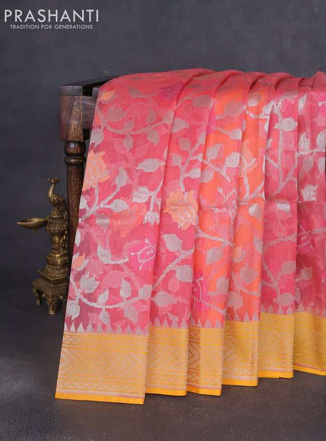 Kora jamdhani silk saree peach pink and yellow with allover jamdhani weaves and zari woven border