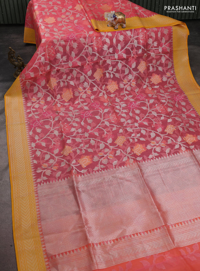 Kora jamdhani silk saree peach pink and yellow with allover jamdhani weaves and zari woven border