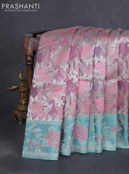 Kora jamdhani silk saree pastel pink and treal green with allover jamdhani weaves and zari woven border