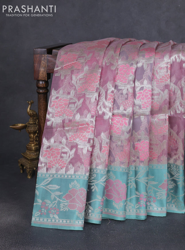 Kora jamdhani silk saree pastel pink and treal green with allover jamdhani weaves and zari woven border