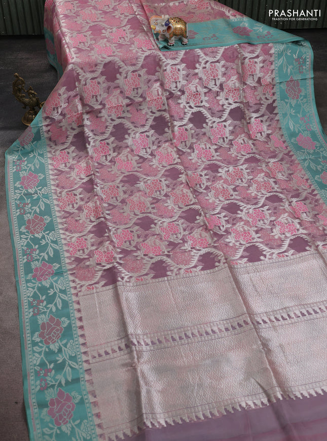 Kora jamdhani silk saree pastel pink and treal green with allover jamdhani weaves and zari woven border