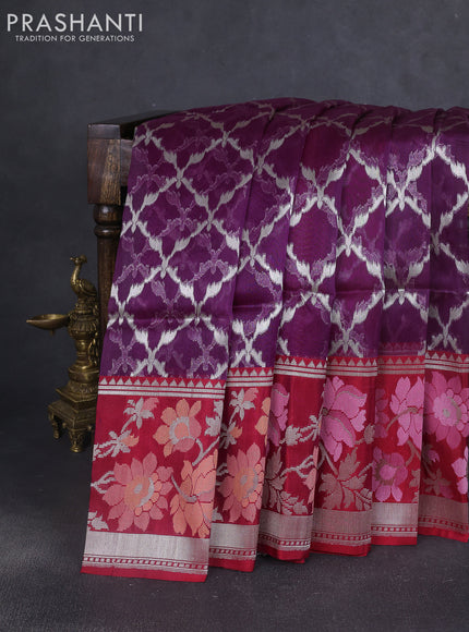 Kora jamdhani silk saree purple and maroon with allover jamdhani weaves and zari woven border