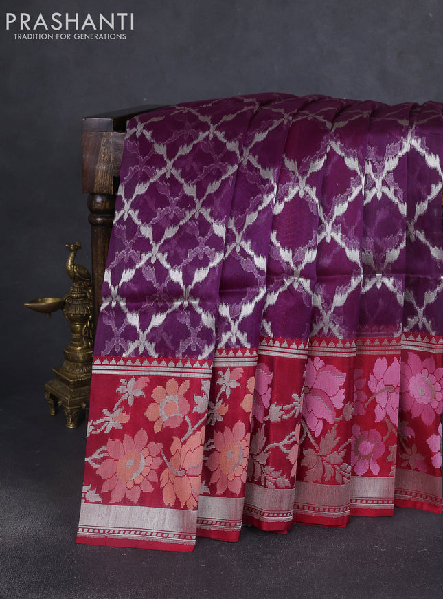 Kora jamdhani silk saree purple and maroon with allover jamdhani weaves and zari woven border