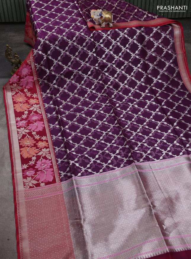 Kora jamdhani silk saree purple and maroon with allover jamdhani weaves and zari woven border