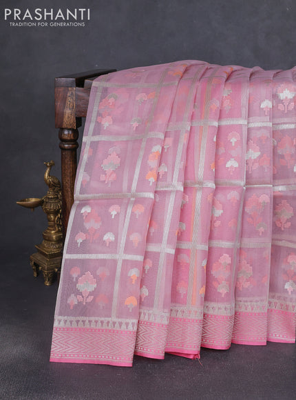 Kora jamdhani silk saree baby pink and peach pink with allover jamdhani weaves and zari woven border