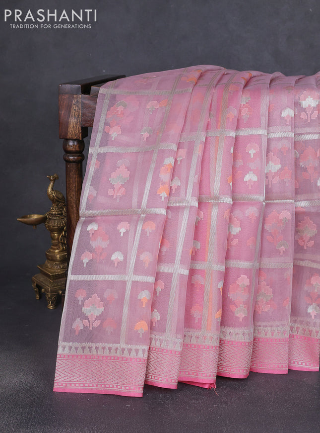 Kora jamdhani silk saree baby pink and peach pink with allover jamdhani weaves and zari woven border