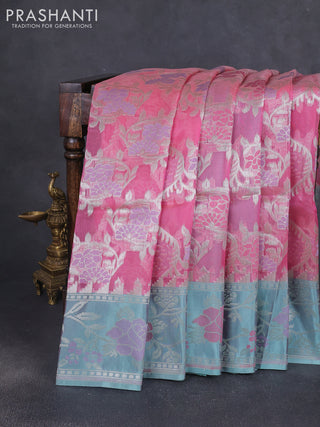 Kora jamdhani silk saree peach shade and pastel green with allover jamdhani weaves and zari woven border