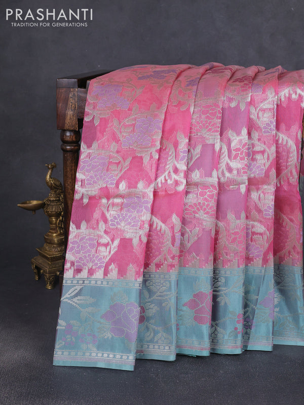 Kora jamdhani silk saree peach shade and pastel green with allover jamdhani weaves and zari woven border