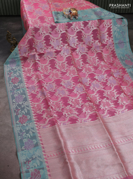 Kora jamdhani silk saree peach shade and pastel green with allover jamdhani weaves and zari woven border