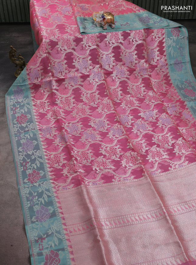Kora jamdhani silk saree peach shade and pastel green with allover jamdhani weaves and zari woven border