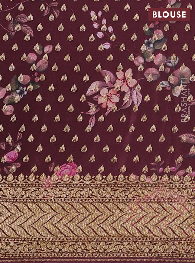 Banarasi crepe saree pink and pastel maroon with allover thread & zari geometric weaves and woven border