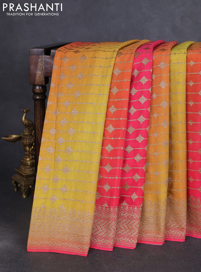 Banarasi crepe saree multi colour and pink with allover thread & zari geometric weaves and woven border