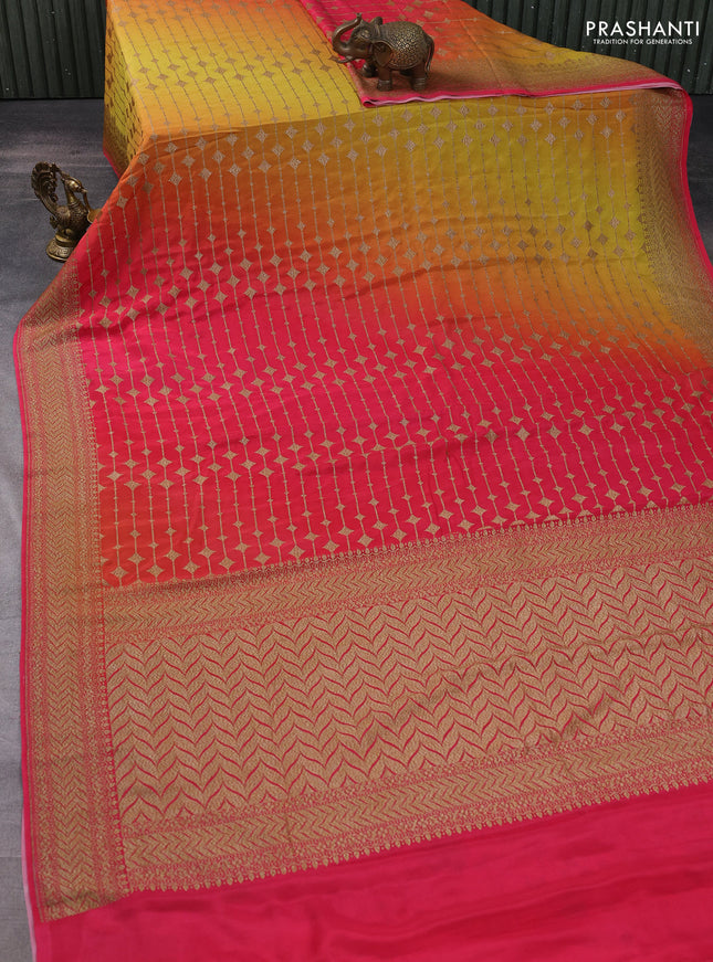 Banarasi crepe saree multi colour and pink with allover thread & zari geometric weaves and woven border