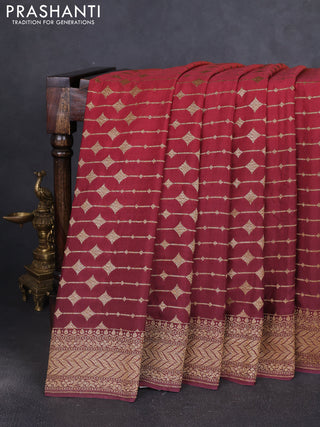 Banarasi crepe saree pastel maroon and orange with allover thread & zari geometric weaves and woven border