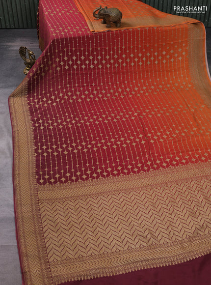 Banarasi crepe saree pastel maroon and orange with allover thread & zari geometric weaves and woven border