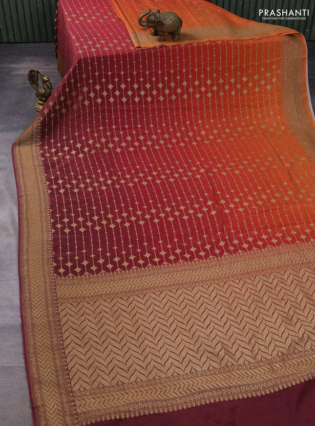 Banarasi crepe saree pastel maroon and orange with allover thread & zari geometric weaves and woven border