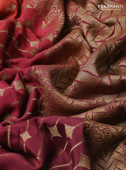Banarasi crepe saree pastel maroon and orange with allover thread & zari geometric weaves and woven border
