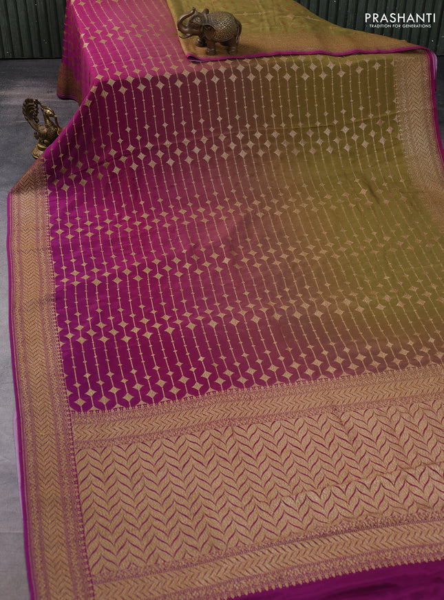 Banarasi crepe saree mehendi green and magenta pink with allover thread & zari geometric weaves and woven border