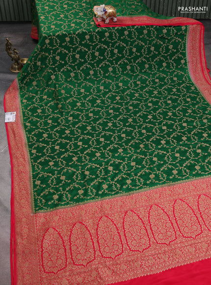 Banarasi crepe saree green and pink with allover thread & zari weaves and woven border