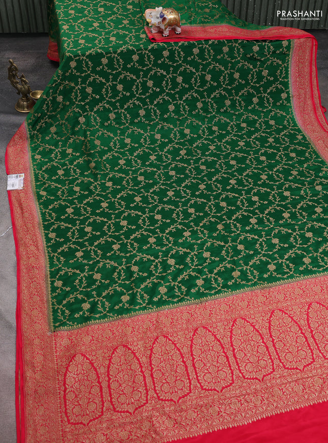 Banarasi crepe saree green and pink with allover thread & zari weaves and woven border