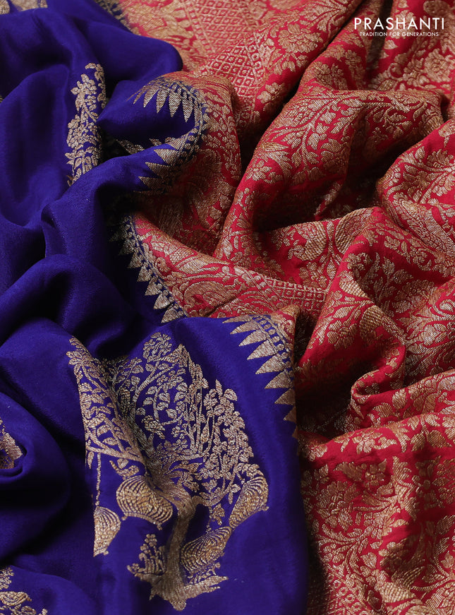 Banarasi crepe saree navy blue and maroon with thread & zari woven buttas and woven border