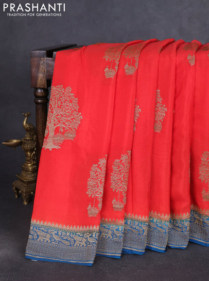 Banarasi crepe saree orange and peacock blue with thread & zari woven buttas and woven border