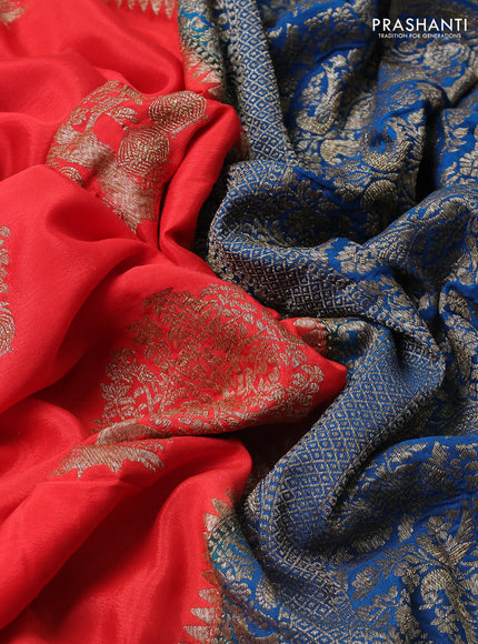 Banarasi crepe saree orange and peacock blue with thread & zari woven buttas and woven border