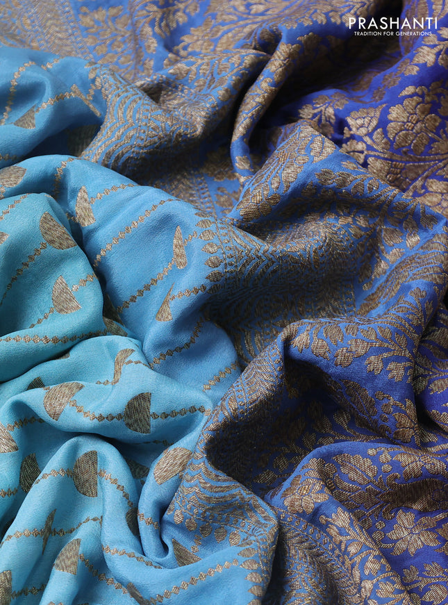 Banarasi crepe saree teal blue and blue with allover thread & zari geometric weaves and woven border