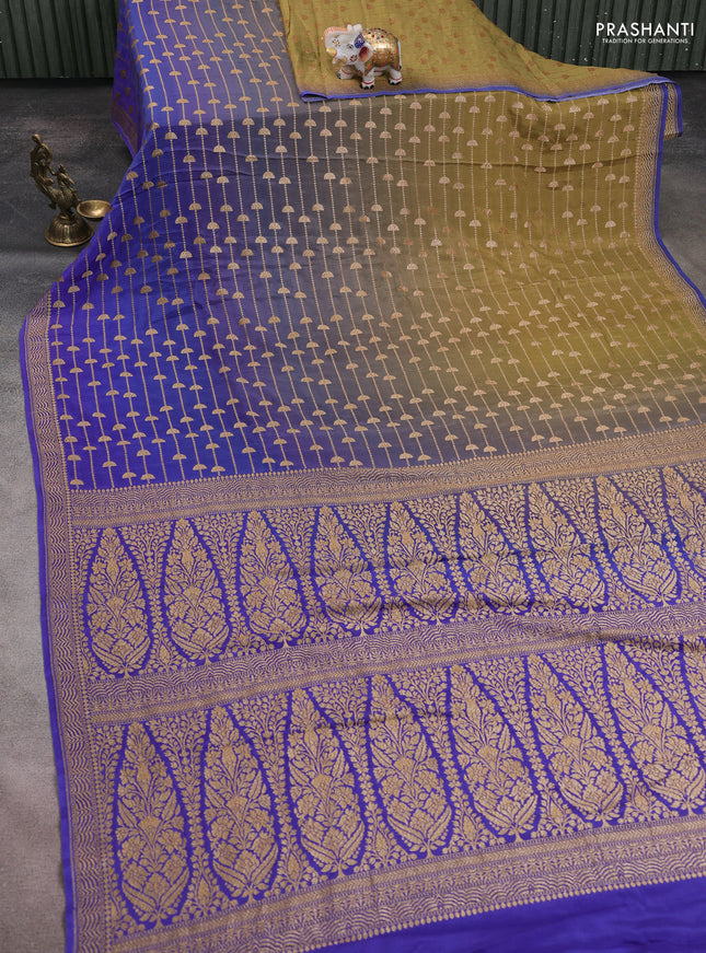 Banarasi crepe saree mehendi green and blue with allover thread & zari geometric weaves and woven border