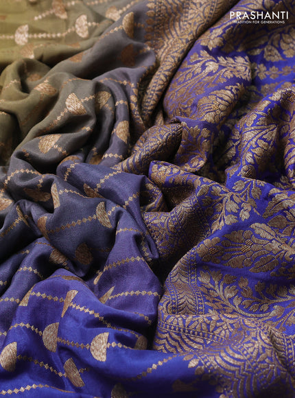 Banarasi crepe saree mehendi green and blue with allover thread & zari geometric weaves and woven border