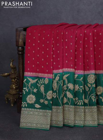 Banarasi crepe saree red and green with thread & zari woven buttas and long woven border