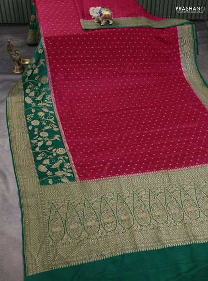 Banarasi crepe saree red and green with thread & zari woven buttas and long woven border