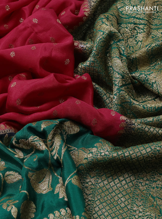 Banarasi crepe saree red and green with thread & zari woven buttas and long woven border