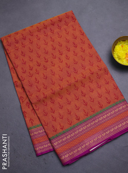 Chettinad cotton saree rust shade and purple with allover butta prints and thread woven border