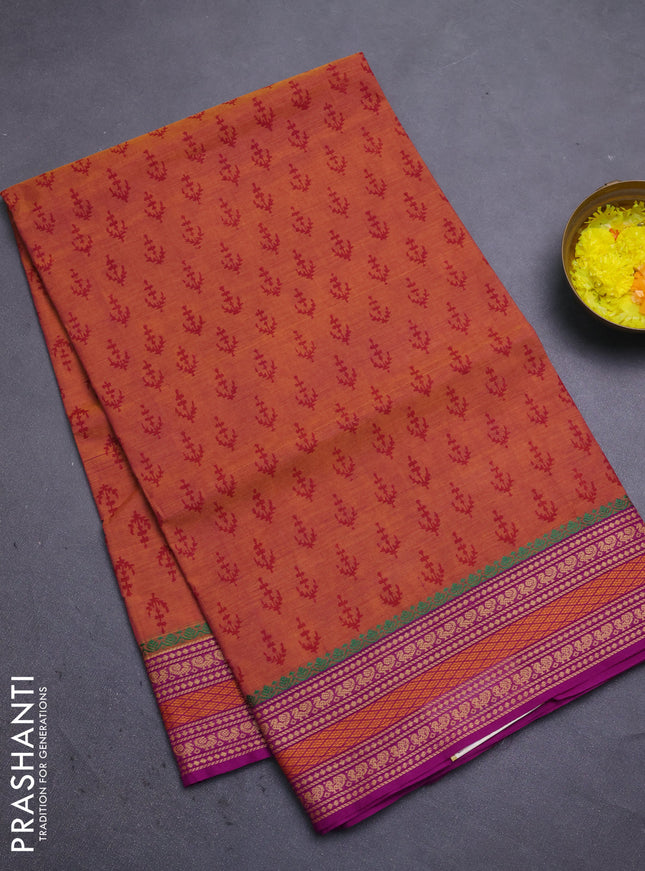 Chettinad cotton saree rust shade and purple with allover butta prints and thread woven border