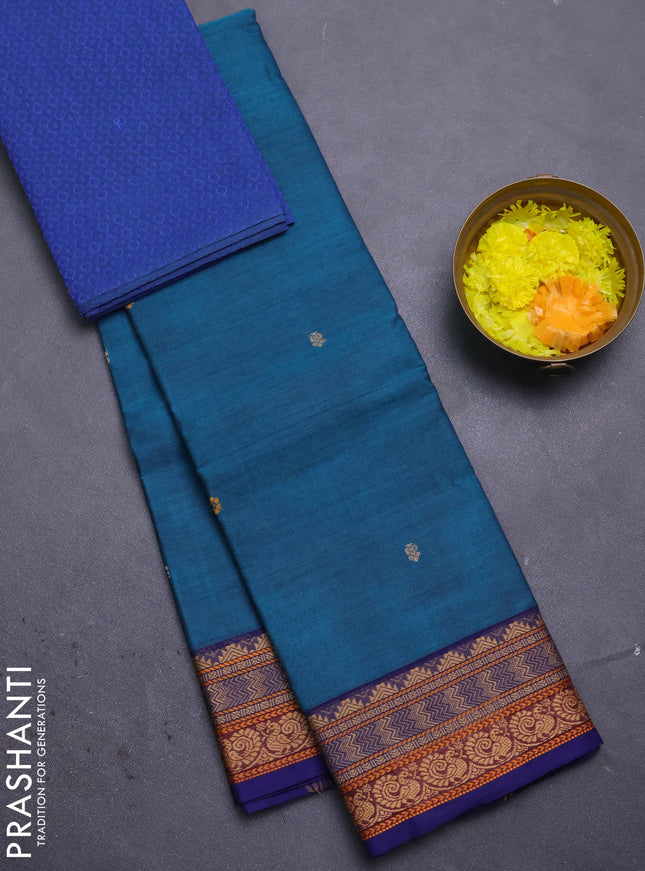 Chettinad cotton saree peacock blue and navy blue with thread woven buttas and thread woven border