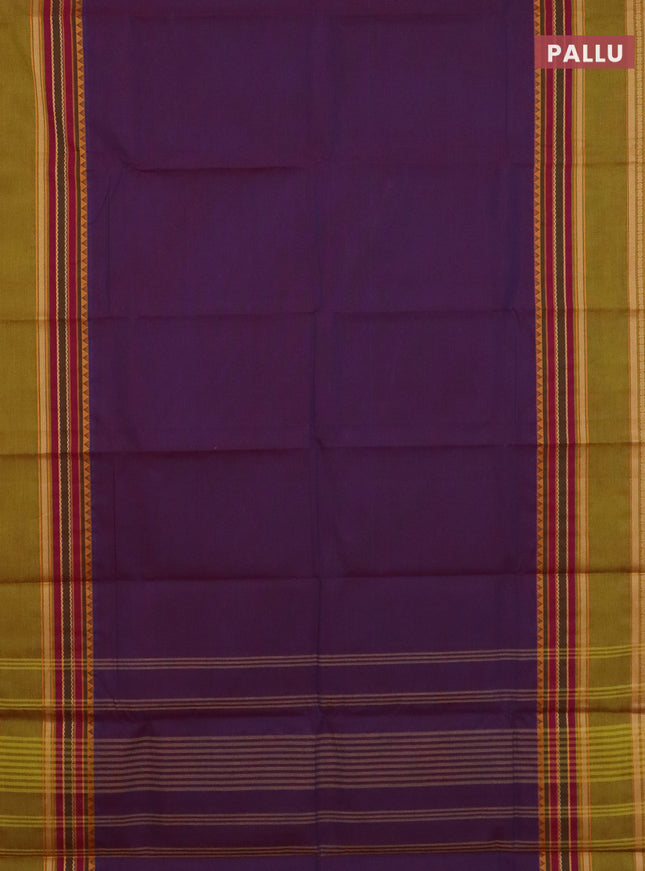Chettinad cotton saree purple and lime green with plain body and rettapet thread woven border