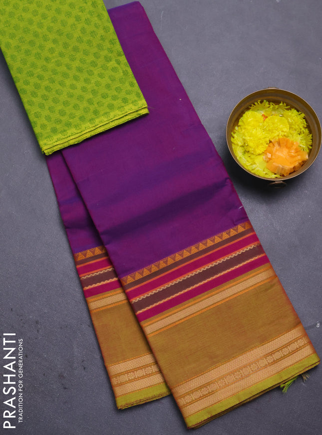 Chettinad cotton saree purple and light green with plain body and rettapet zari woven border