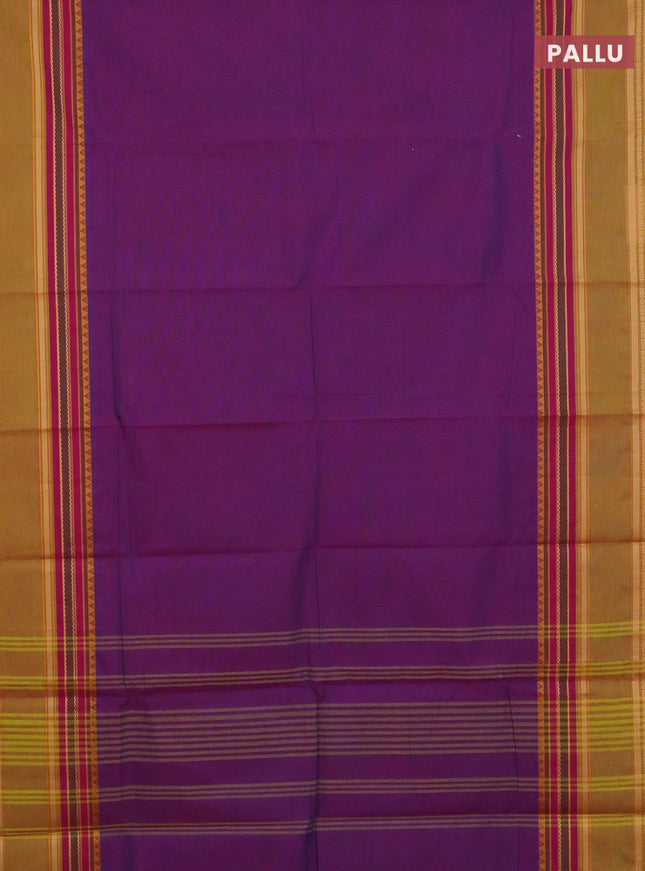 Chettinad cotton saree purple and light green with plain body and rettapet zari woven border