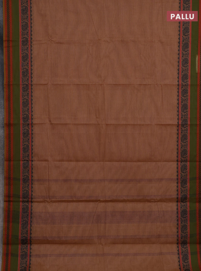 Chettinad cotton saree brown and light green with plain body and rettapet thread woven border