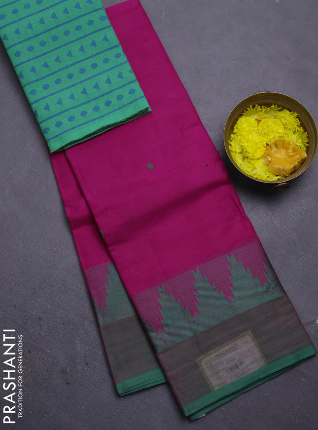 Chettinad cotton saree magenta pink and green with thread woven buttas and temple design simple border
