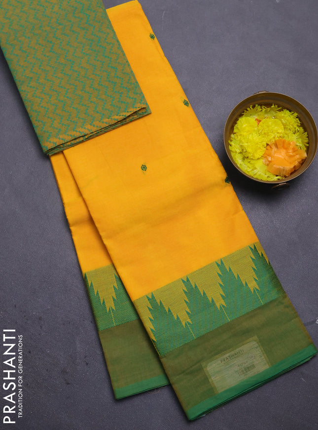 Chettinad cotton saree yellow and green with thread woven buttas and temple design simple border